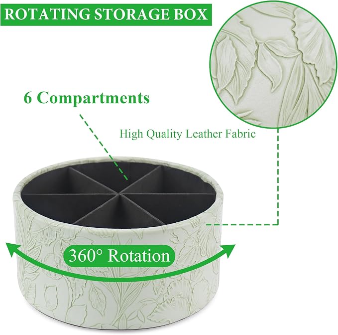 Remote Control Holder, 360°Spinning PU Leather Desk TV Remote Caddy,Desk Storage Box Room Accessories for Controller, Media,Mail,Calculator, Mobile Phone,Pencil(1-Carved Green1)