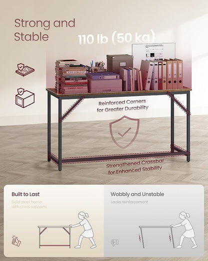 VASAGLE Computer Desk, Office Work Desk, 55.1 x 19.7 x 29.9 Inches, for Study, Bedroom, Home Office, Living Room, Rustic Brown and Ink Black ULWD214K101
