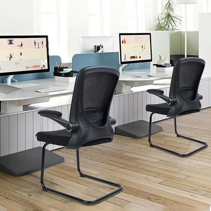 CLATINA Office Guest Chair no Wheels, Ergonomic Mesh Desk Chair Adjustable Lumbar Support and Flip Up Arms, Sled Base for Office Guest & Reception Chairs for Conference Room,Black (8PK)
