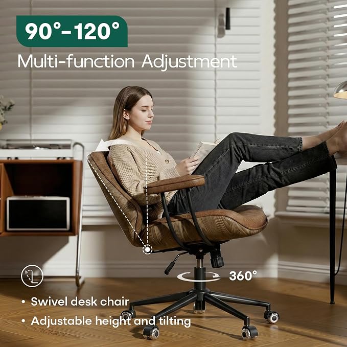 Office Desk Chair with Rubber Casters and Padded Arms, Premium Cognac Brown Faux Leather Computer Chair, Height Adjustable Vintage Rolling Swivel Executive Task Chair for Home Office