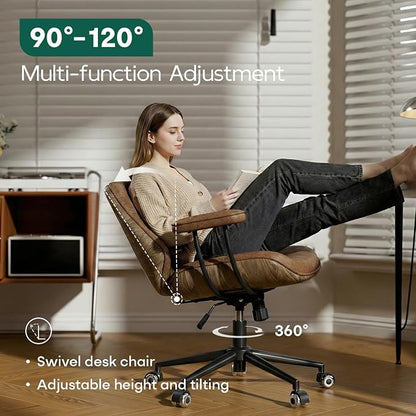 Office Desk Chair with Rubber Casters and Padded Arms, Premium Cognac Brown Faux Leather Computer Chair, Height Adjustable Vintage Rolling Swivel Executive Task Chair for Home Office