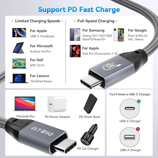 ULT-WIIQ 10FT USB C to USB C 3.2 Gen 2 x 2 Video Cable for Portable Monitor, 4K@144/120/60Hz 8K Display Cable, 20Gbps Data Transfer, PD 3.1 240W Fast Charging, for iPhone 17, MacBook, SSD, CarPlay
