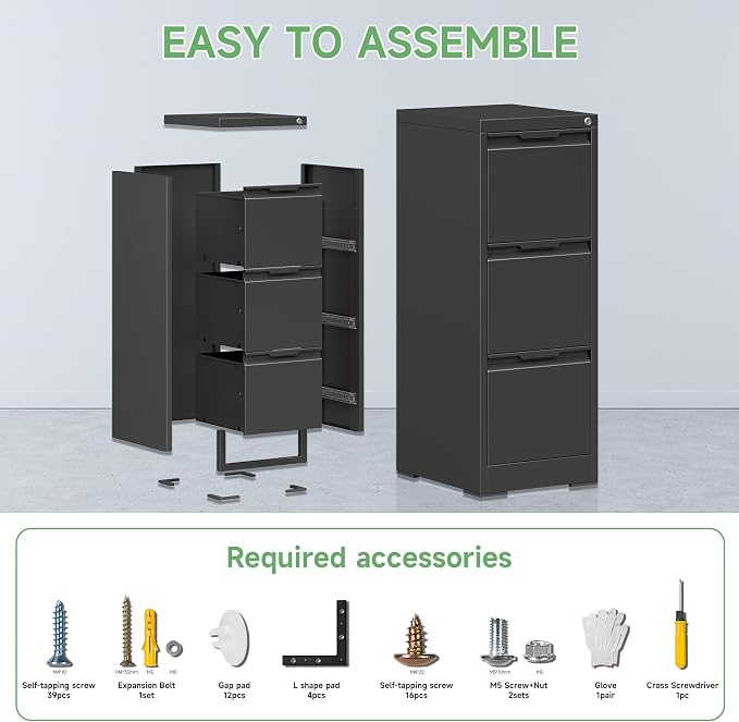 3 Drawer File Cabinets for Home Office,File Cabinet with Lock, Metal Filing Cabinet for A4/Letter/Legal Size Folder, Assembly Required,Black