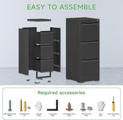 3 Drawer File Cabinets for Home Office,File Cabinet with Lock, Metal Filing Cabinet for A4/Letter/Legal Size Folder, Assembly Required,Black