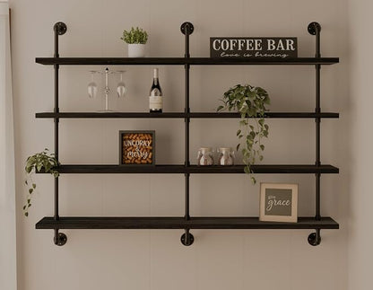 HDDFER Floating Shelves for Wall Bookshelf Industrial Pipe Shelving Shelves 60 Inch Natural Wood Planks Rustic Wall Shelves Hanging Bookshelves Farmhouse Kitchen Shelving Black