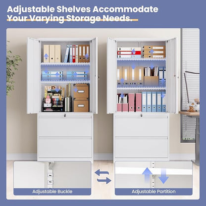 2 Drawer Lateral File Cabinet, Office Storage Cabinet with 2 Wide&Deep Drawers and Locking Doors, White Metal Cabinet with Adjustable Shelves for Home Office, Fits A4/Letter/Legal Size Folders