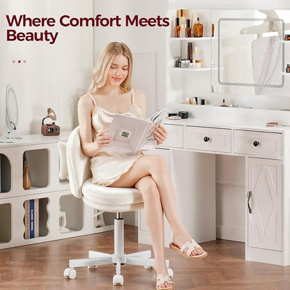 GTPLAYER Velvet Tall Office Chair with Wheels Vanity Chairs with Back, Versatile Height Use: Office to Bar Stools Small Ergonomic Comfy Armlees Computer Desk Chair with Bow Lumbar Pillow for Gift