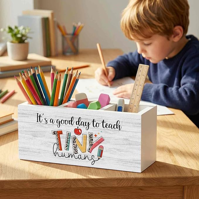 Teacher Pencil Pen Holder for Desk Organizer, Teacher Appreciation Gifts, It's a Good Day to Teach Tiny Humans Wooden Box Decorations for Home Office Classroom Desk Tabletop Decor