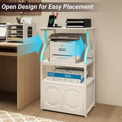 Natwind 4 -Tier Rolling Printer Stand with Power Outlet,23.6"x15.8",White | Printer Table with Adjustable Open Shelf,Home Office Storage Filing Cabinet on Lockable Wheels for Printer,Scanner and Files