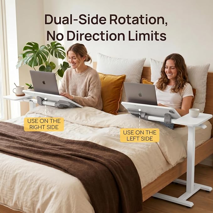Overbed Table with Wheels, Height Adjustable Hospital Bed Table, Dual-Tiltable Rolling Laptop Desk for Bed, Hidden Casters H-Base Portable Side Table for Couch, Hospital & Home Office
