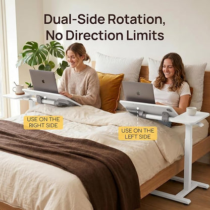 Overbed Table with Wheels, Height Adjustable Hospital Bed Table, Dual-Tiltable Rolling Laptop Desk for Bed, Hidden Casters H-Base Portable Side Table for Couch, Hospital & Home Office