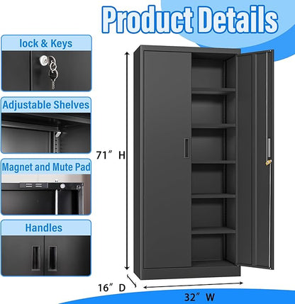 BESFUR Metal Storage Cabinet, 71" H Locking Storage Cabinet with 5 Adjustable Shelves, Metal Cabinets for Garage, Office, Home, Classroom- Black