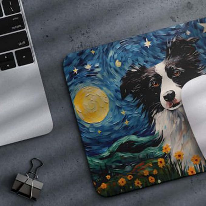 Starry Night Collie Dog Mouse Pad for Home Office Gaming Working Desk Computer Desktop Accessories Non-Slip Rubber Mouse Pad for Dog Lovers (Border Collie)