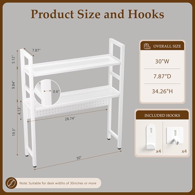 Brakki 2-Tier Desk Shelf, Desk Hutch Bookshelf, Desktop Shelf Bookcase with Pegboard and Hooks for Computer Monitor, Metal Desktop Hutch Storage Organizer for Dorm Home Office, 30" W， White