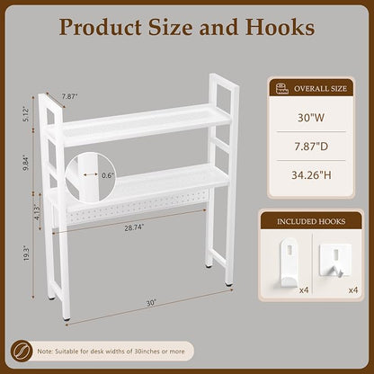 Brakki 2-Tier Desk Shelf, Desk Hutch Bookshelf, Desktop Shelf Bookcase with Pegboard and Hooks for Computer Monitor, Metal Desktop Hutch Storage Organizer for Dorm Home Office, 30" W， White