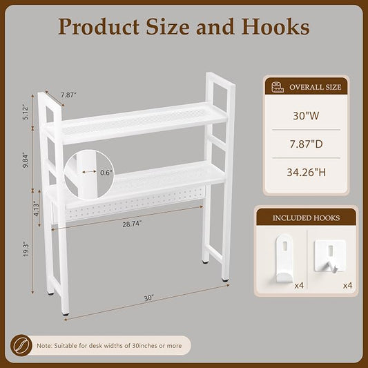 Brakki 2-Tier Desk Shelf, Desk Hutch Bookshelf, Desktop Shelf Bookcase with Pegboard and Hooks for Computer Monitor, Metal Desktop Hutch Storage Organizer for Dorm Home Office, 30" W， White