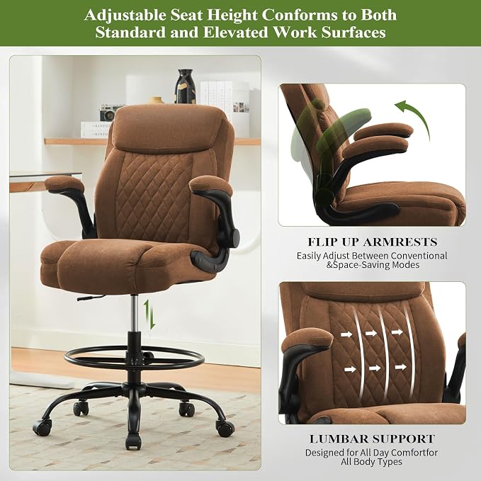 Drafting Chair Tall Office Chair for Standing Desk, Ergonomic Tall Desk Chair with Adjustable Foot Ring, Flip-Up Armrests, Lumbar Support, Comfortable Fabric Seat – Ideal for Home and Office Use