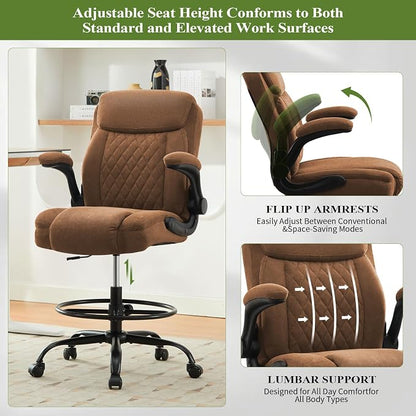 Drafting Chair Tall Office Chair for Standing Desk, Ergonomic Tall Desk Chair with Adjustable Foot Ring, Flip-Up Armrests, Lumbar Support, Comfortable Fabric Seat – Ideal for Home and Office Use