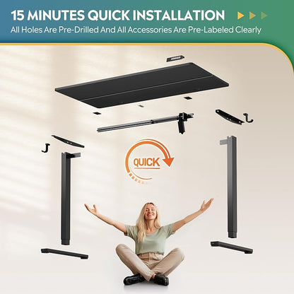 DEVAISE 48 Inch Electric Standing Desk, Adjustable Computer Desk for Home Office, Ergonomic Sit to Stand Desk with LED Touchscreen，Headphone Hook, 3 Memory Preset, with Split Top, Black