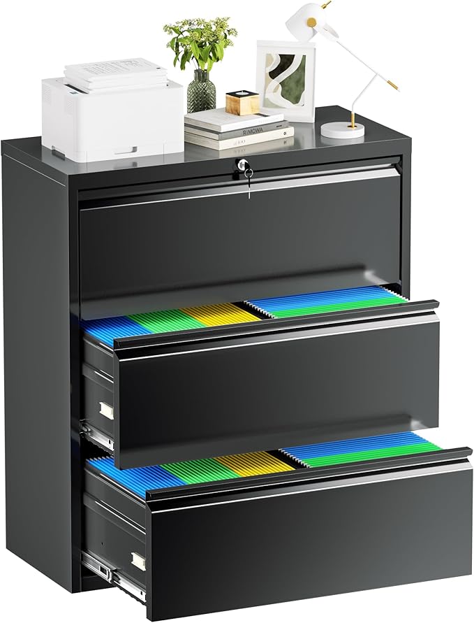 Crownland Lateral File Cabinet with 3 Drawers, 28" W Metal Lockable Office File Cabinets for Home Office- Stores Letter/Legal/A4/F4 Files(Black)