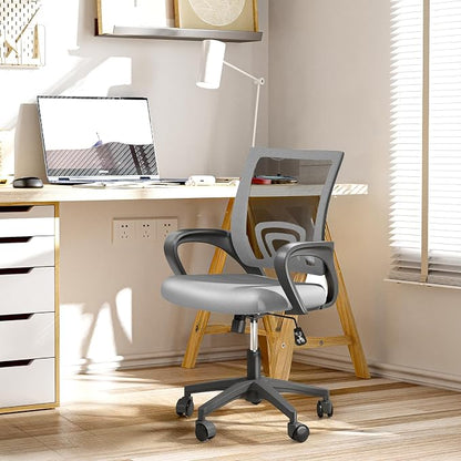Office Chair, Ergonomic Mid-Back Mesh Desk Chair with Lumbar Support, Adjustable Height Computer Chair with Rolling Wheels Design,Comfy Armrest for Work, Study, Gaming, 2 Pack, Light Gray