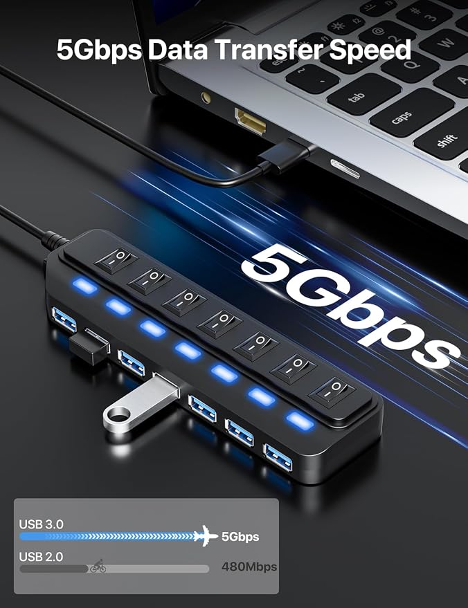 WIRWTRU USB Hub 7 Port,USB 3.0 Hub Splitter for Office,Home,School | Individual On/Off LED Switches, USB Hub for PC, 5Gbps HighSpeed Data for Laptop, Mac, PC, Desktop, PS5, Xbox