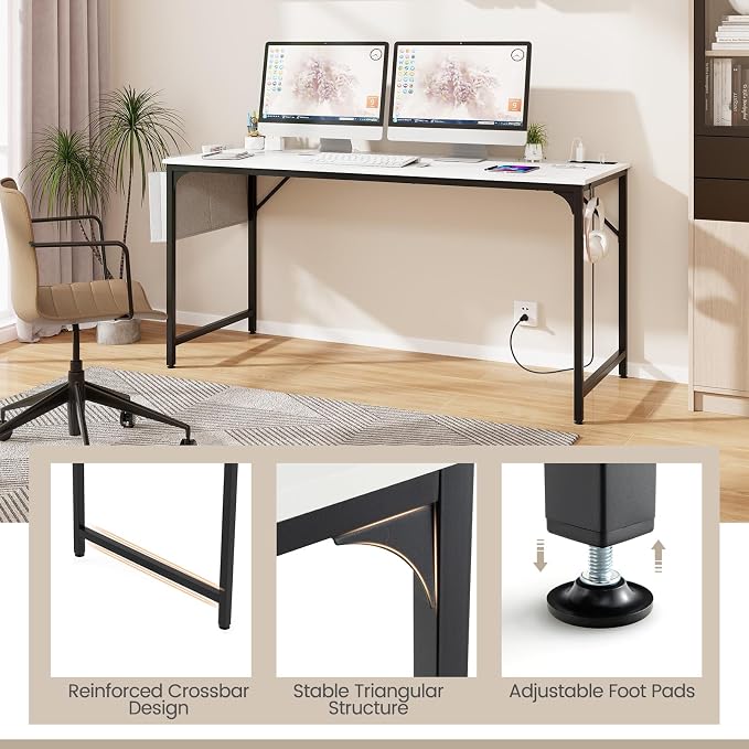 COSTWAY Home Office Desk, 32 Inch Computer Desk with Recessed Power Strip, Storage Bag & Headphone Hook, Wide Desktop, Modern Computer Workstation Writing Table for Home, Office (White + Black)