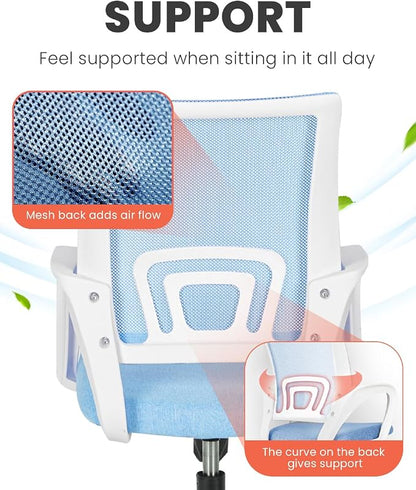 NEO CHAIR Office Desk Computer Chair Ergonomic Mesh Gaming Cushion Seat with Comfy Lumbar Mid Back Support Adjustable Height Swivel Rolling Wheels for Home Task (Sky Blue)