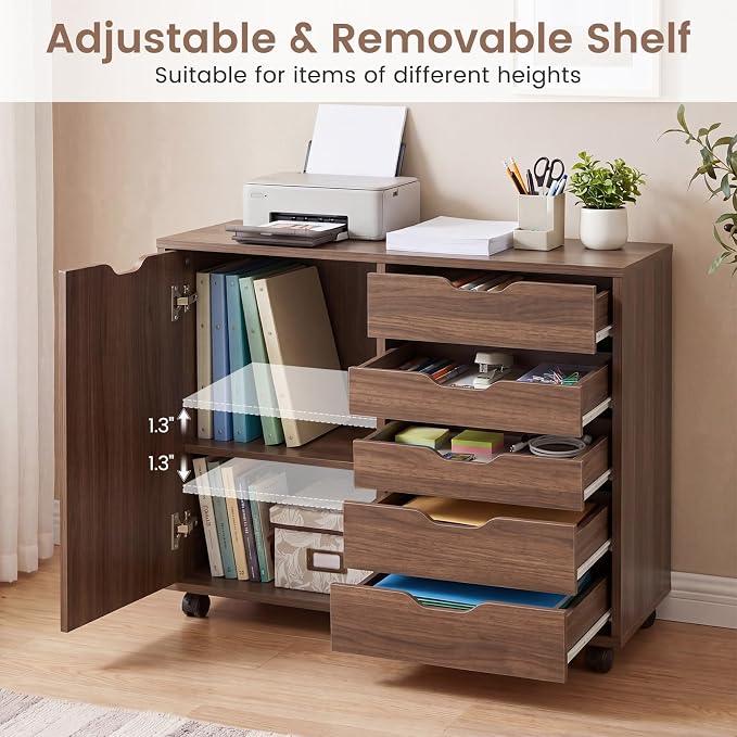 Giantex 5-Drawer File Cabinet with Wheels, Wooden Rolling Lateral Filing Cabinet with Door and Adjustable Shelf, Chest of Drawers, Mobile Printer Stand Organizer for Home Office and Bedroom (Coffee)