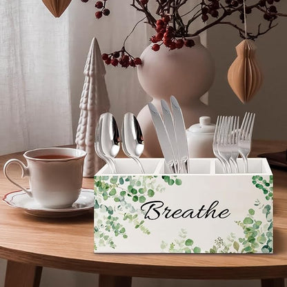 Sage Green Eucalyptus Breathe Makeup Brush Toothbrush Holder Organizer for Bathroom, Green Botanical Wooden Pen Pencil Holder for Office Desk Accessories