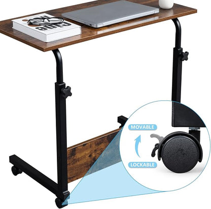 Karl home Mobile Side Table 31.5 Inch Computer Desk with Wheels Height Adjustable Rolling Potable Laptop Cart, C-Shaped Bed Couch End Tables with Edge Stopper for Livingroom Bedroom, Rustic Brown