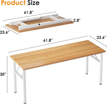 Need Folding Computer Desk, Large 62 inches Folding Table for Home Office, No Install Needed Foldable Writing Table Long Desk, Space-Saving, Teak White