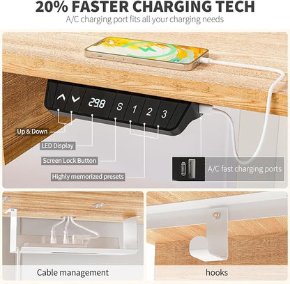 Kingant 55 x 30 Inch Electric Standing Desk with 4 Drawers, Adjustable Height Computer Desk for Home Office, Large Workstation Sit Stand Up Desk with Built-in USB A/C Charging Ports, Nature