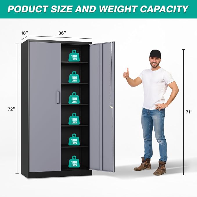 SISESOL Wide & Deep Metal Storage Cabinet with 5 Adjustable Shelf,72" Tall Garage Storage Cabinet with Lock,Metal Cabinets with Locking Doors,Lockable Steel Cabinets for Home,Office,Garage Locker