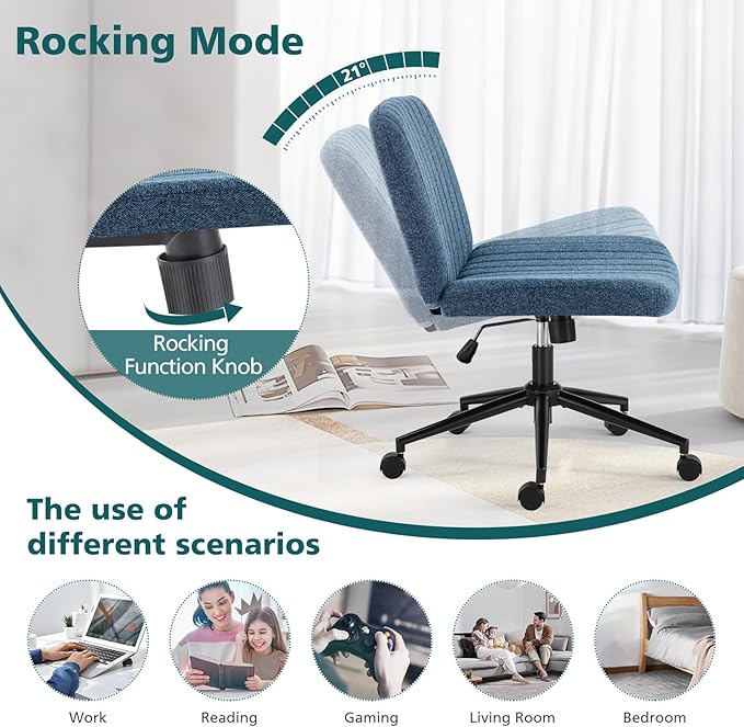 OLIXIS Criss Cross Chair with Wheels Wide Cross Legged Office Desk Vanity Chair Comfy Fabric Armless Height Adjustable Swivel for Home Computer Task Blue