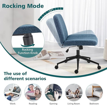 OLIXIS Criss Cross Chair with Wheels Wide Cross Legged Office Desk Vanity Chair Comfy Fabric Armless Height Adjustable Swivel for Home Computer Task Blue