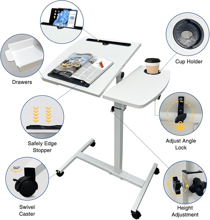 Medical Adjustable Overbed Bedside Table Teacher Podium Laptop Computer Cart Mobile Laptop Desk with 2 Tilting Desktops,Cup Holde,Drawer，Wheels for Office, Home and Classroom (White)