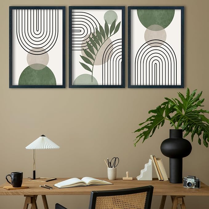 SRSZHIYUE Sage Green Boho Wall Art 24"×16" Set of 3 Geometric Line Leaf Sun Moon Sign for Master Bedroom Office Wall Hanging Decor (Black)