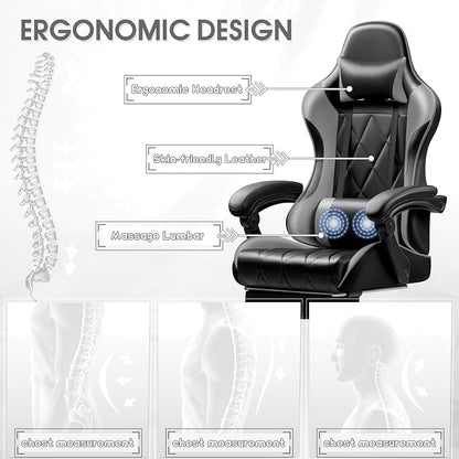 Shahoo Gaming Chair with Footrest and Massage Lumbar Support, Ergonomic Office Computer Seat Height Adjustable with Headrest, Grey