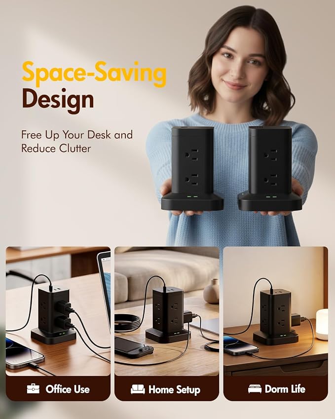 2Pack Power Strip Tower with Surge Protector 1800J, Fast Charging Tower PD20W USB-C Ports with 8 AC Outlets, 10ft Extension Cord for Home Office Dorm Room, Black