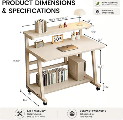 31.5 Inch Compact Rolling Computer Desk with Tier Worktable & Lockable Wheels, Small Computer Desk, Small Desk for Bedroom, Mobile Writing Workstation Easy Assembly for Home Office Small Spaces