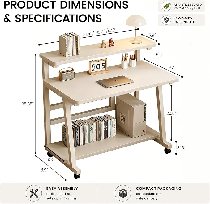 39.4 Inch Compact Rolling Computer Desk with Tier Worktable & Lockable Wheels, Small Computer Desk, Small Desk for Bedroom, Mobile Writing Workstation Easy Assembly for Home Office Small Spaces