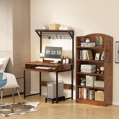 Computer Desk with Hutch and Storage Shelf，31.5 Inch Desk with Keyboard Tray, Office Study Table Writing Desk Workstation Bookshelf for Home Office, Brown