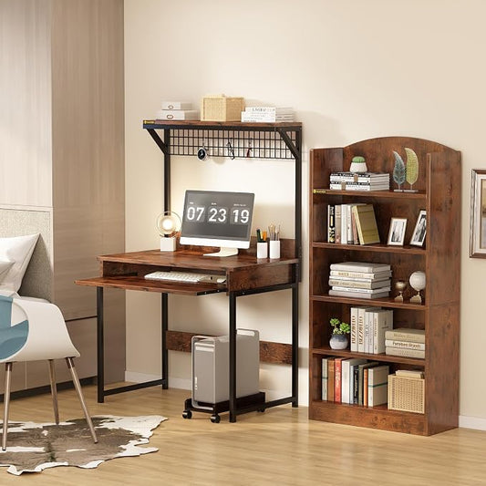 Computer Desk with Hutch and Storage Shelf，31.5 Inch Desk with Keyboard Tray, Office Study Table Writing Desk Workstation Bookshelf for Home Office, Brown