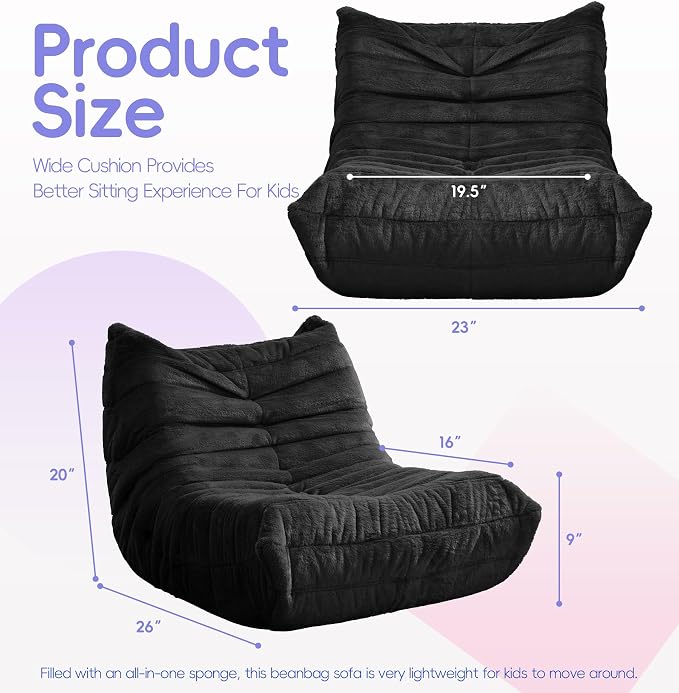 Hobestluk Small Bean Bag Chair Faux Fur Fabric BeanBag Couch for Playroom | Black Plush,Ergonomic Design,Memory Foam,Strong Supportive,No Assembly Required,Decorative Style for Living Room Bedroom