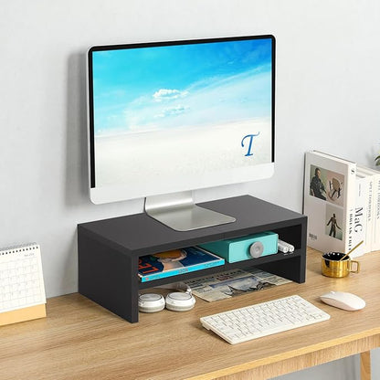 TEAMIX 2 Tiers Wooden Desktop Monitor Stand Riser 20 Inch Printer Stand with Double Storage Small TV Riser Laptop Keyboard Holder Business Desk Organizer Shelf Black Bookshelf