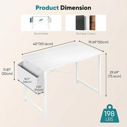 OLIXIS Small Computer Desk, 40 Inch Home Office Desks, Writing Study Craft Work Gaming Table, Computer Workstation for Bedroom Small Spaces with Storage Bag and Headphone Hook, White
