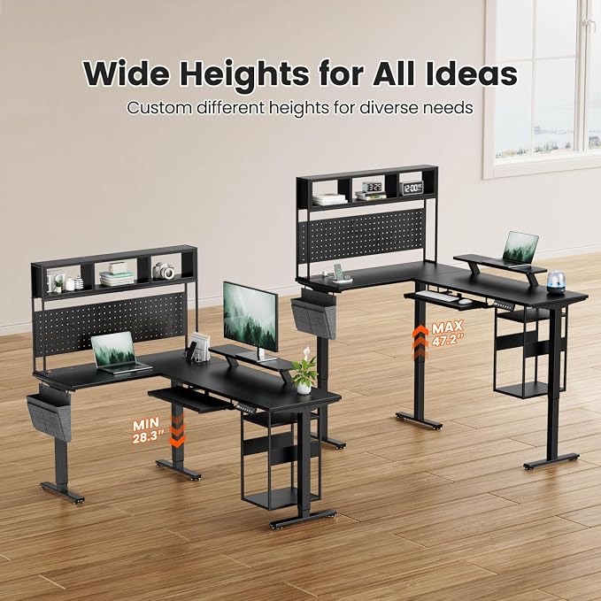 Flycity Electric L Shaped Standing Desk Adjustable Height, 67" x 47" Corner Computer Desk with Host Shelf, Gaming Desk with LED Lights & Power Outlet, Dual Motor Home Office Desk with Storage, Black
