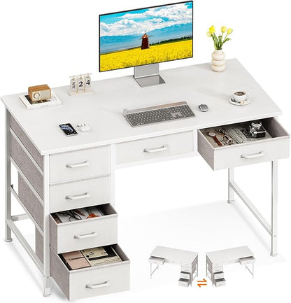 ODK Computer Desk with 6 Drawers, 40 Inch Small Desk with Storage, Reversible Desk for Home Office, Work Study Table for Bedroom, White