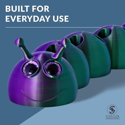 S I Schaller Industries Aesthetic Pen Holder for Desk 16mm Slot Size-Fun Metallic Purple Green Caterpillar Pencil Holder - Cute Pen Rack Holds 15 Pens, Compatible with Pencil, Marker & Office Supplies